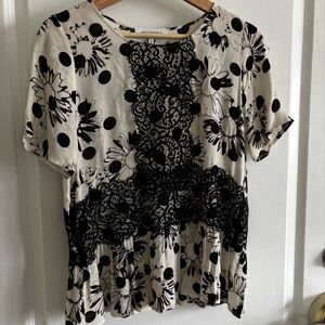 Anna Rachele Women's 40 (Sz S) Off White Black Short Floral Sleeve Lace Blouse